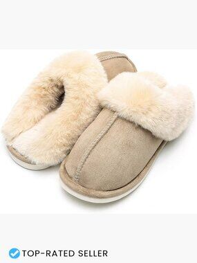 Faux Fur Slippers Warm Plush Lined Anti-Skid Sole Indoor Outdoor Slip-On House